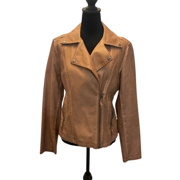 Max Studio Moto faux Leather Jacket - Camel Brown, Large - Picture 2 of 8
